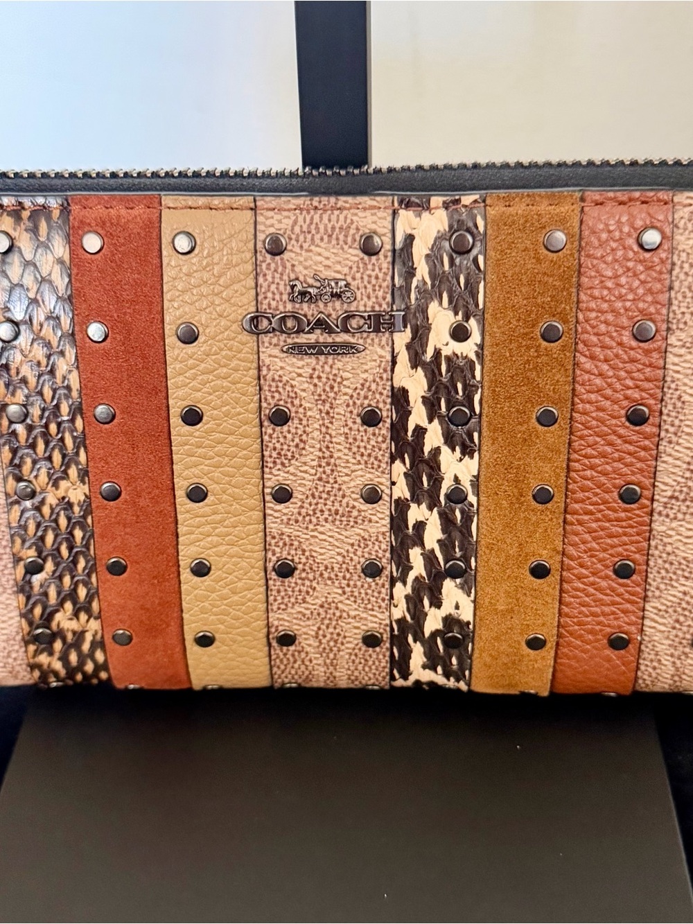Coach Multi-Panel Studded Patchwork Wristlet - Brown Tan Camel